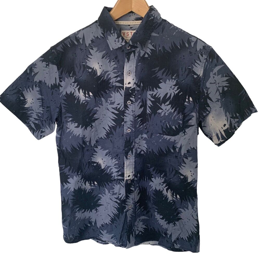 Vstr Shirt Mens Size Medium Blue Floral Linen Blend Button Up Short Sleeve